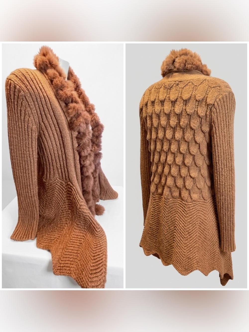 Ness Chic Brown Cardigan with Rabbit Fur Trim and Textured 3D Scale/Petal